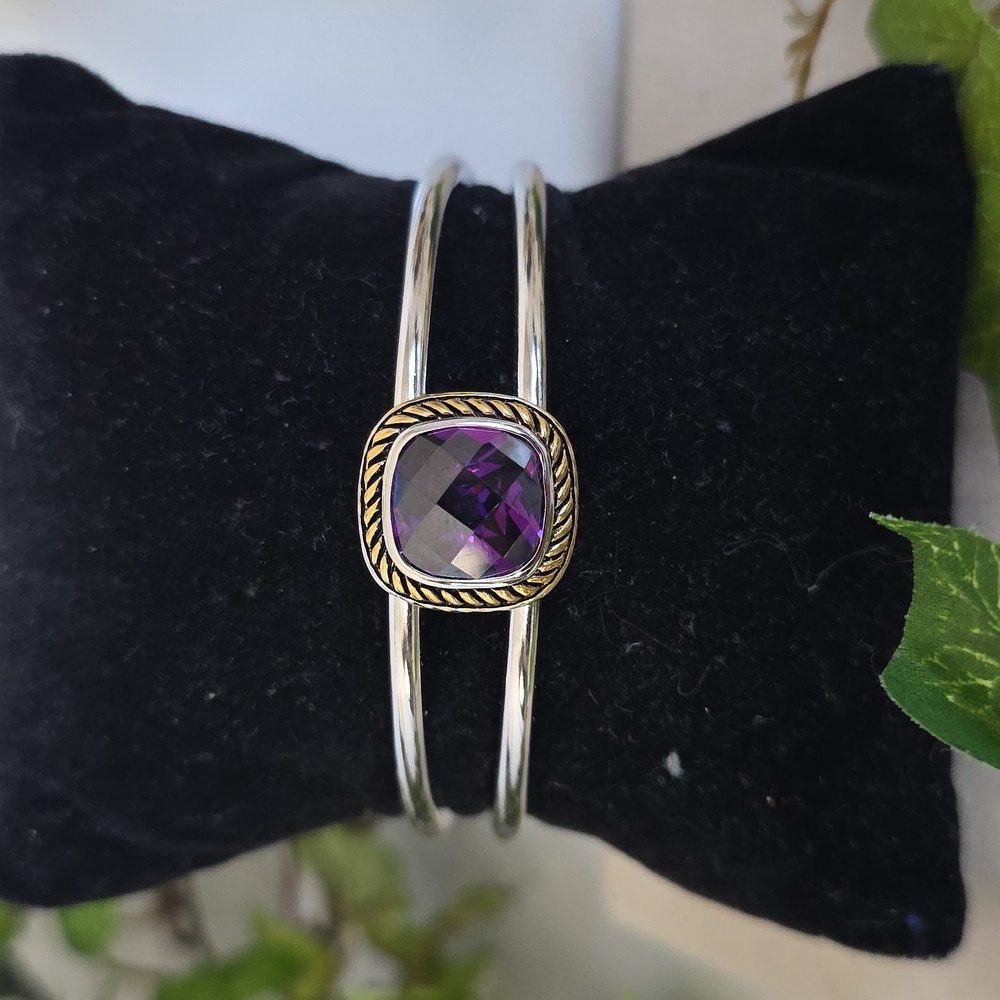 Silver Steel Open Cuff Bracelet With Purple Amethyst Color Stone